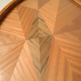 Oval wooden tray with glass and artisanal marquetry from the 70s.