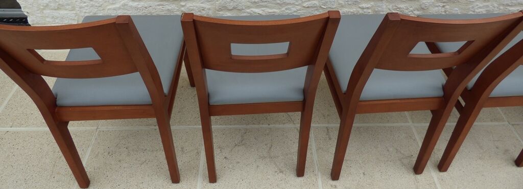 Set of 6 cherry wood style chairs with gray imitation leather seat