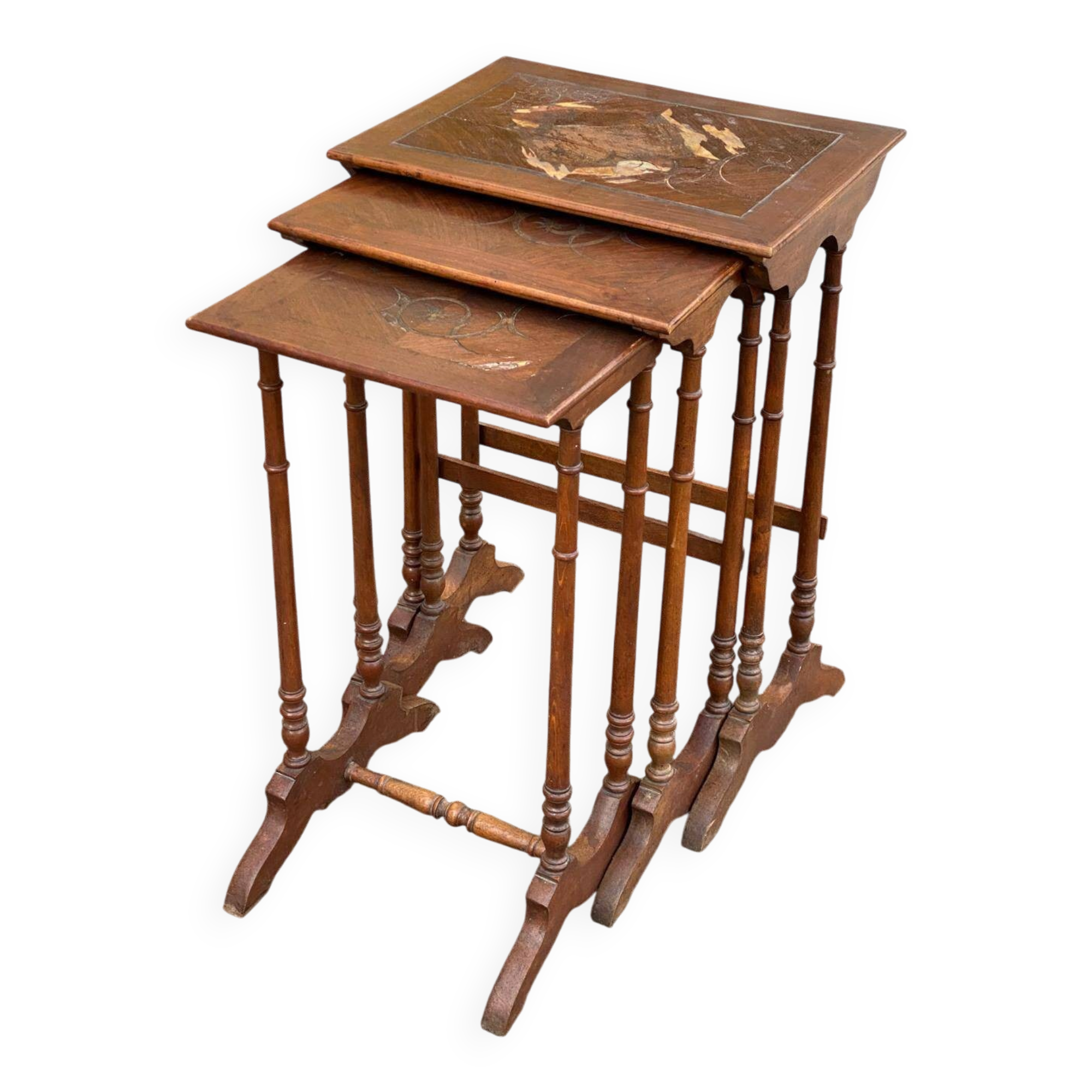 3 nesting tables in Art Nouveau style, made of solid wood and marquetry from the 19th century.
