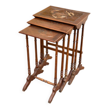 3 nesting tables in Art Nouveau style, made of solid wood and marquetry from the 19th century.