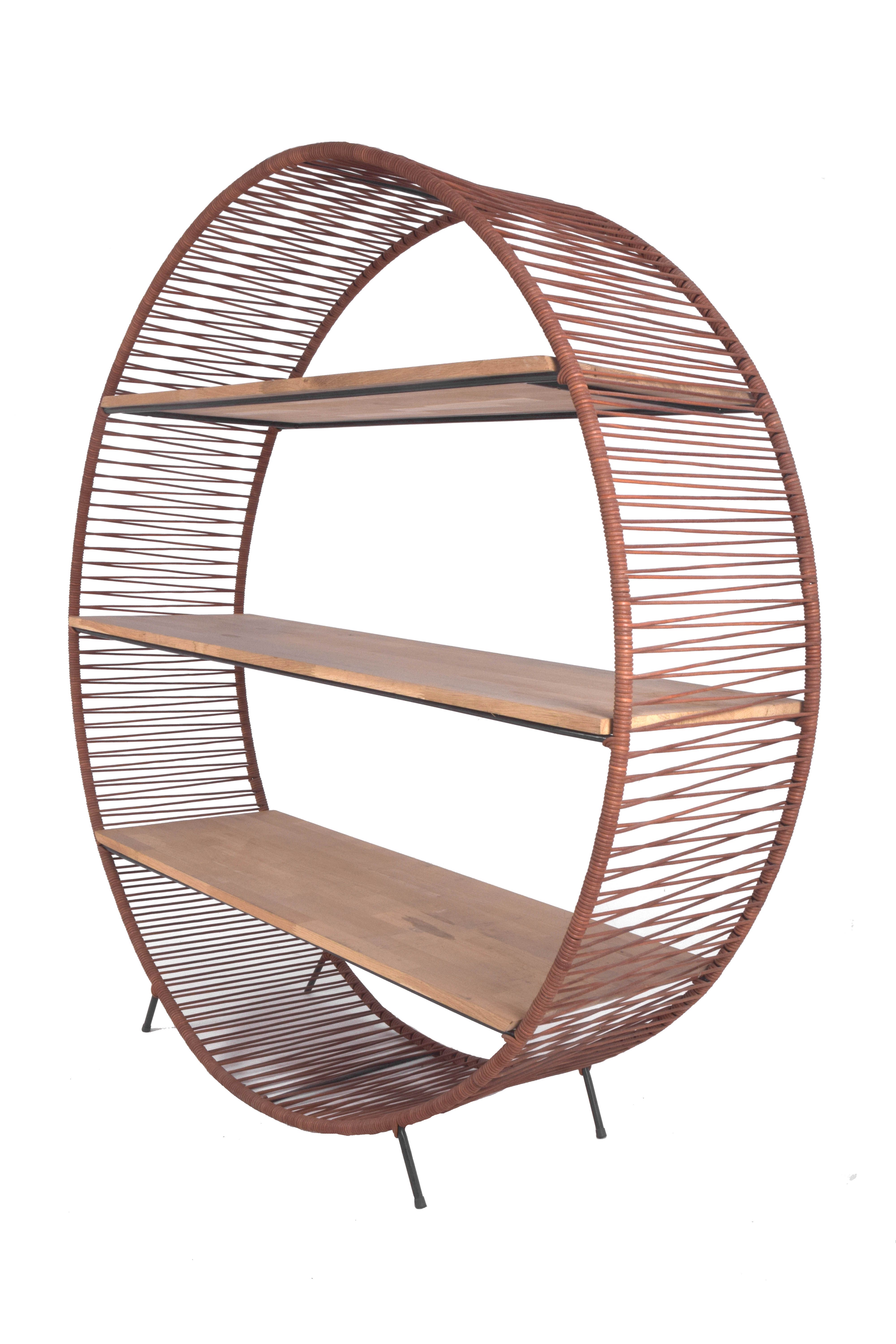 Supersonix leather braiding shelf, solid oak tablet / black structure / D140cm - BRAND BOQA