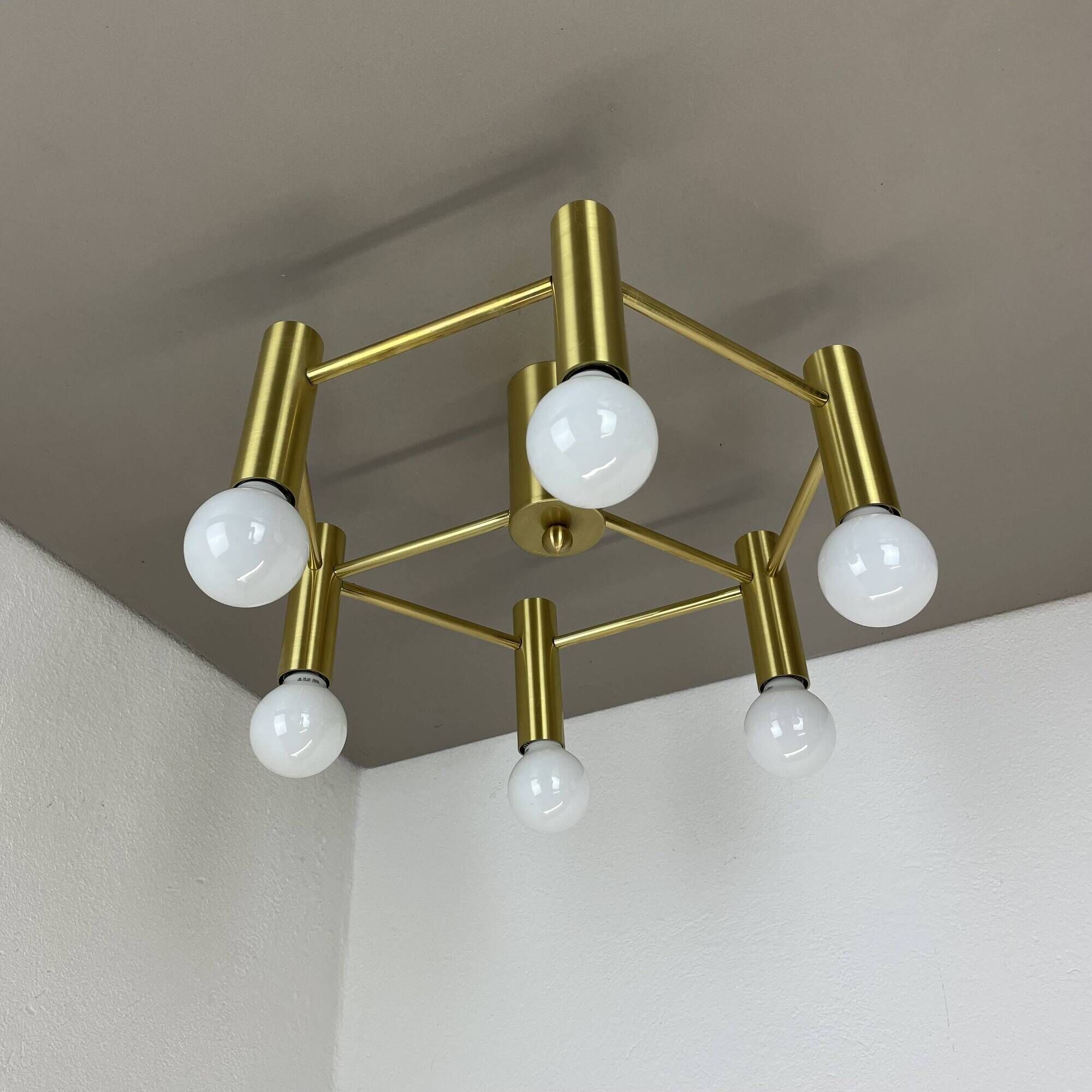 Brass Italian Stilnovo Style Atomic Space Age Ceiling Light Sconces, Italy