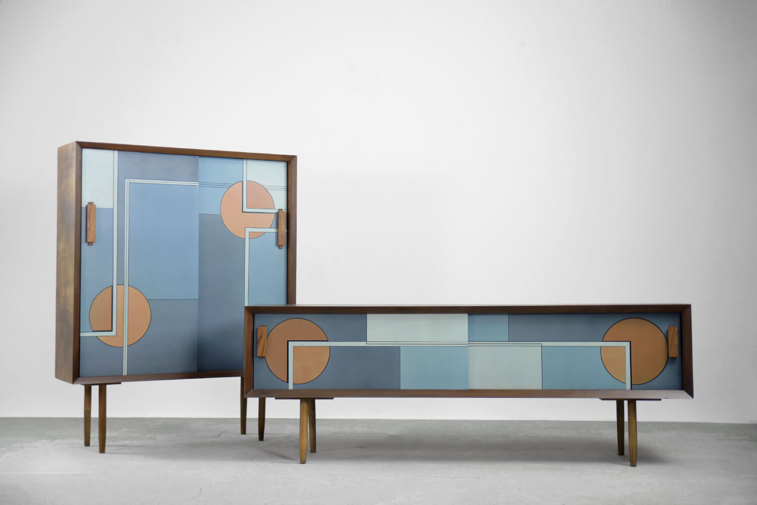 Set of 2 mid-century modern scandinavian hand-painted birch cabinet & sideboard, 1960s