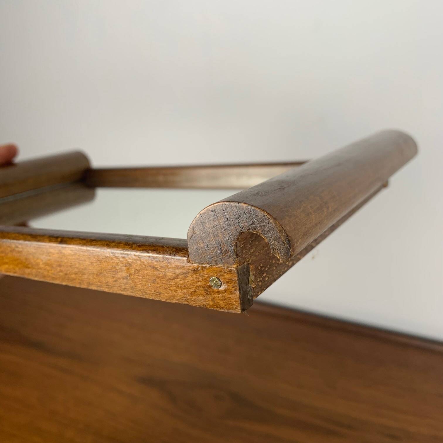 Small wooden tray and mirror, 1930-60, rounded handle