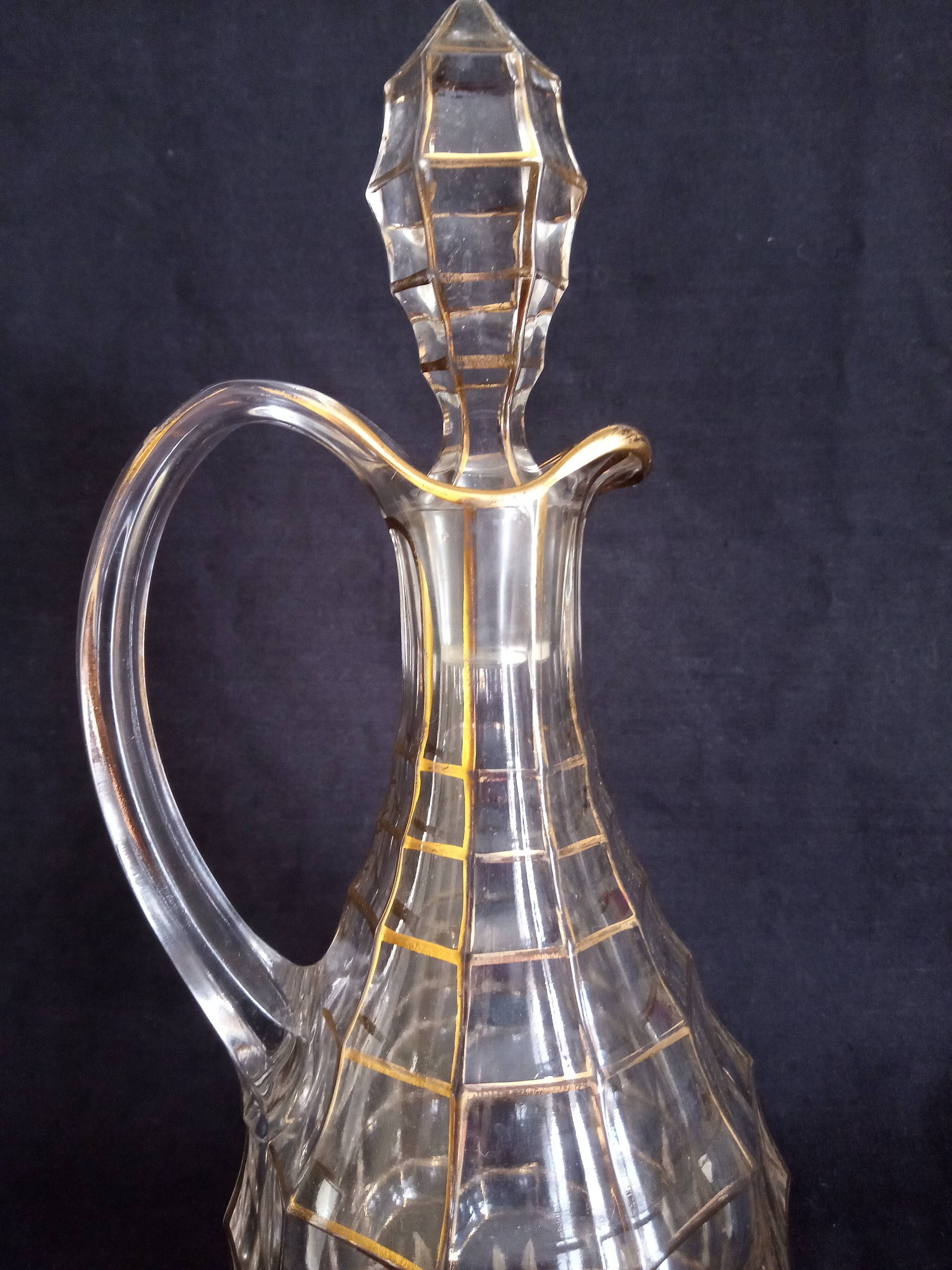 Service à liqueur pour 6 personnes en cristal taillé de Bohème, dorures à feuille d'or