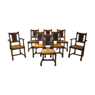 Lot de six chaises et deux fauteuils brutalistes mid-century 1950’