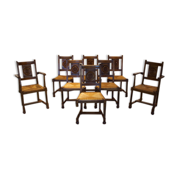 Lot de six chaises et deux fauteuils brutalistes mid-century 1950’