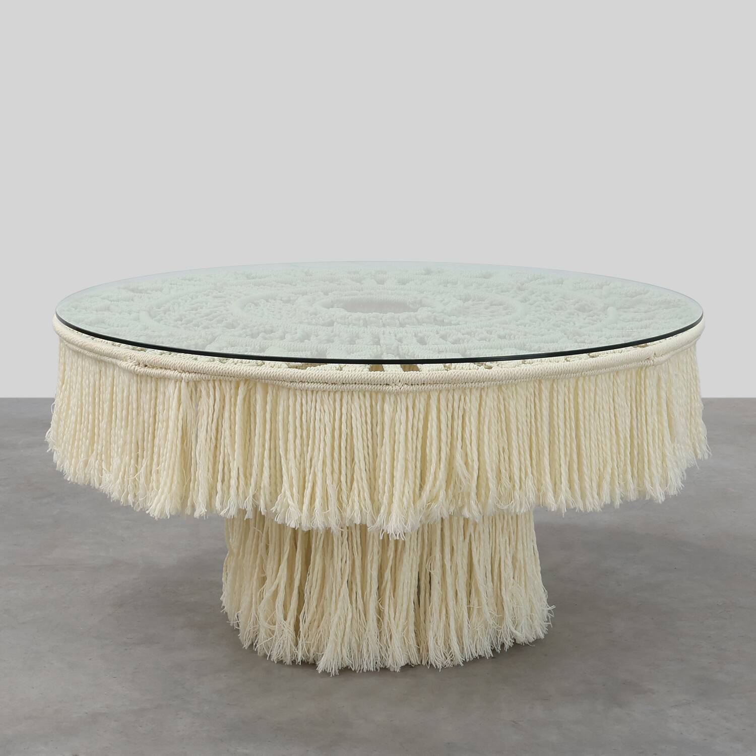 Monumental dining table with glass top and macramé, Italy