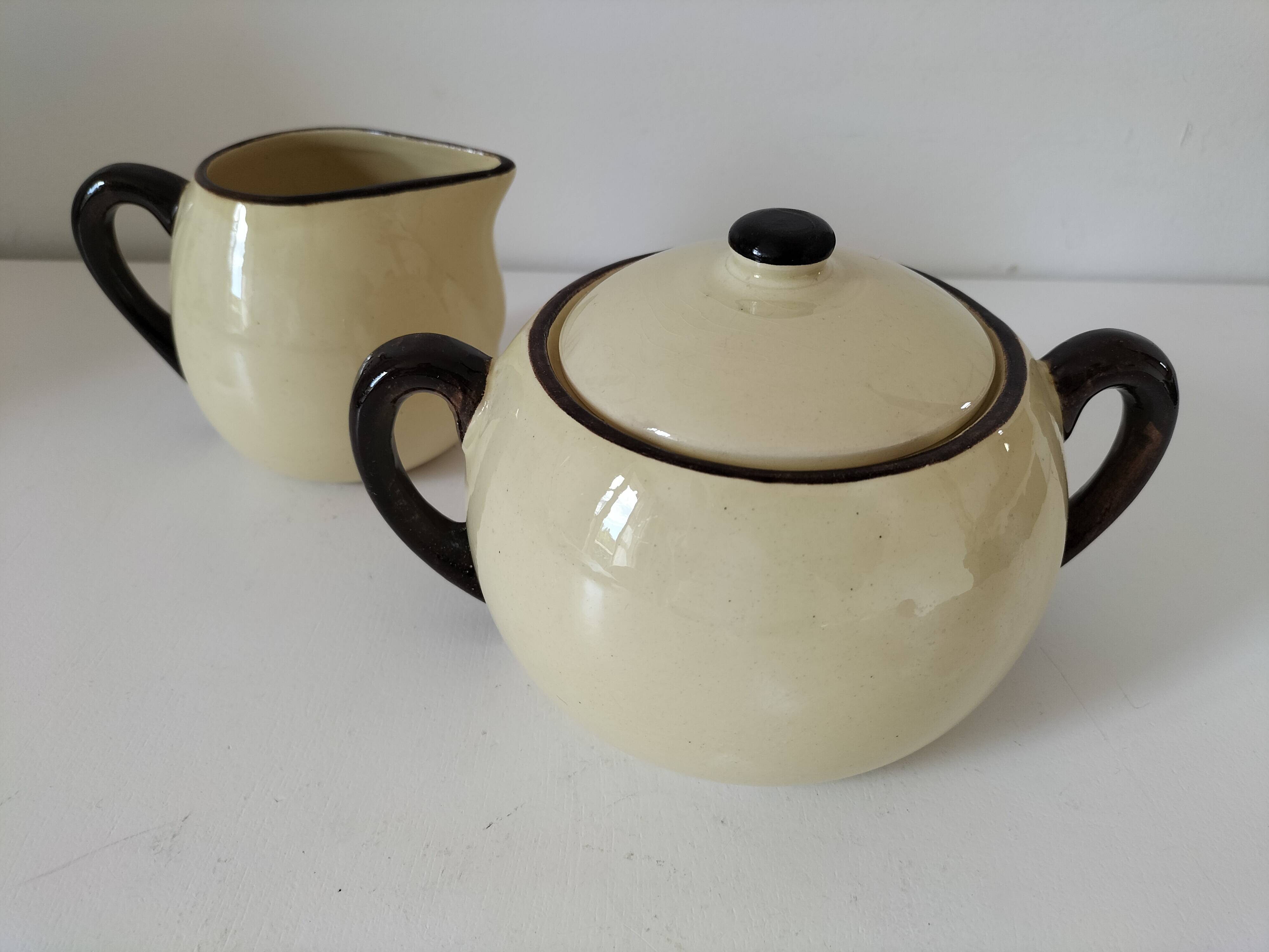 HBCM Sugar Bowl and Milk Jug Duo - Vintage Cream and Brown Earthenware
