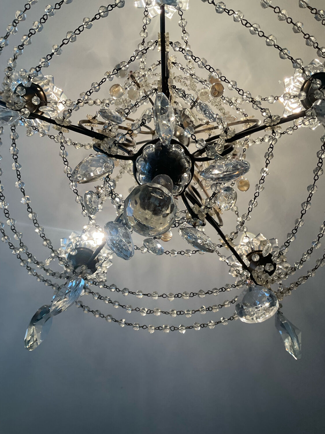 Antique cage chandelier with rock crystal pendants