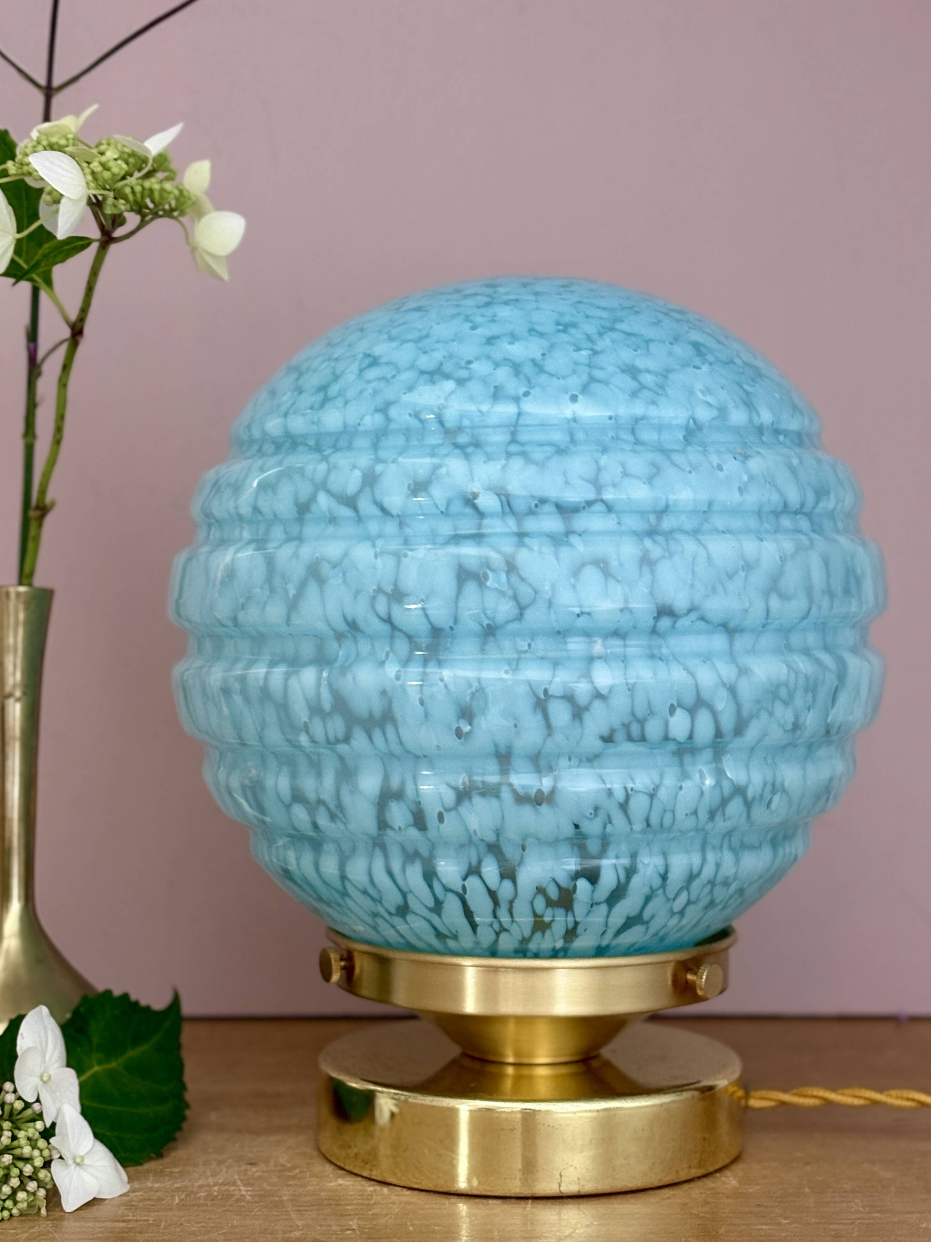 Vintage blue glass globe table lamp from Clichy