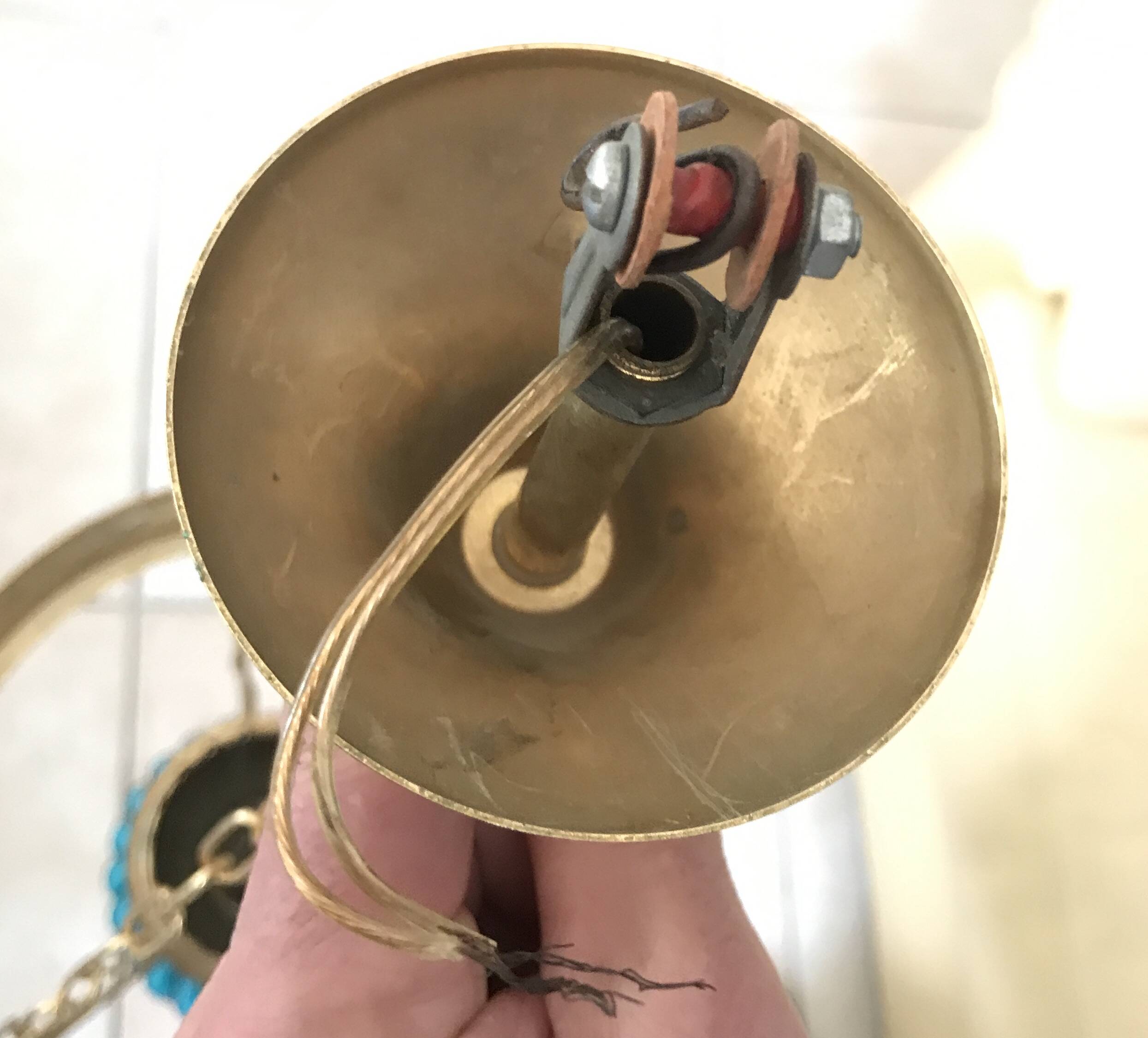 Pendant light in turquoise green opaline & brass