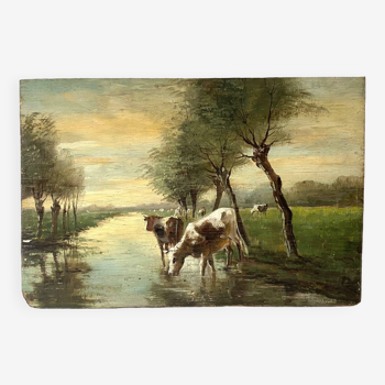 Huile sur panneau "troupeau de vaches dans le bocage normand" 1924, tableau au paysage de campagne