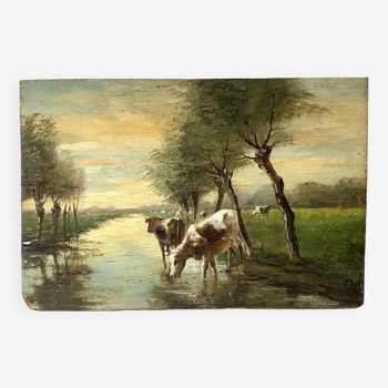 Oil on panel "herd of cows in the Norman bocage" 1924, painting with countryside landscape