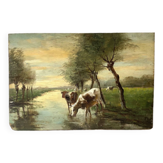 Huile sur panneau "troupeau de vaches dans le bocage normand" 1924, tableau au paysage de campagne
