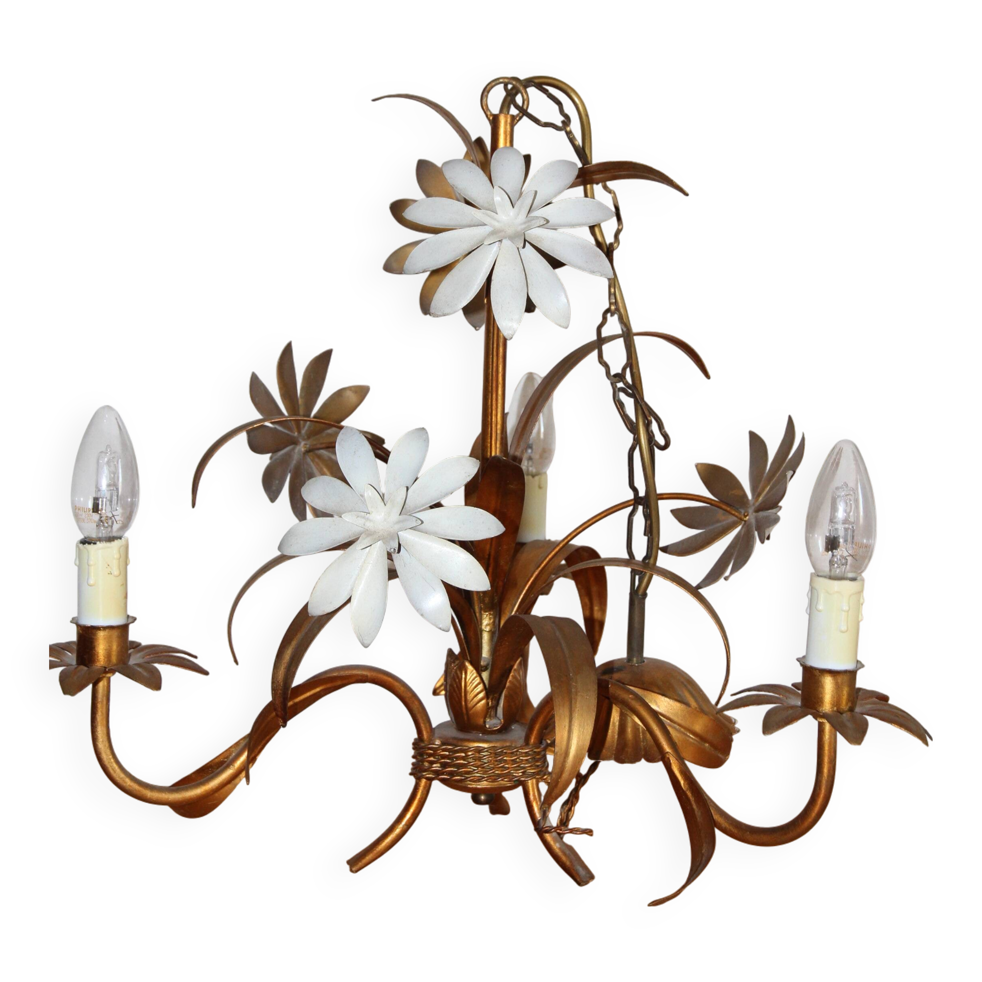 3-light flower bouquet chandelier in gilded bronze painted metal