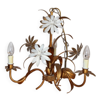 3-light flower bouquet chandelier in gilded bronze painted metal