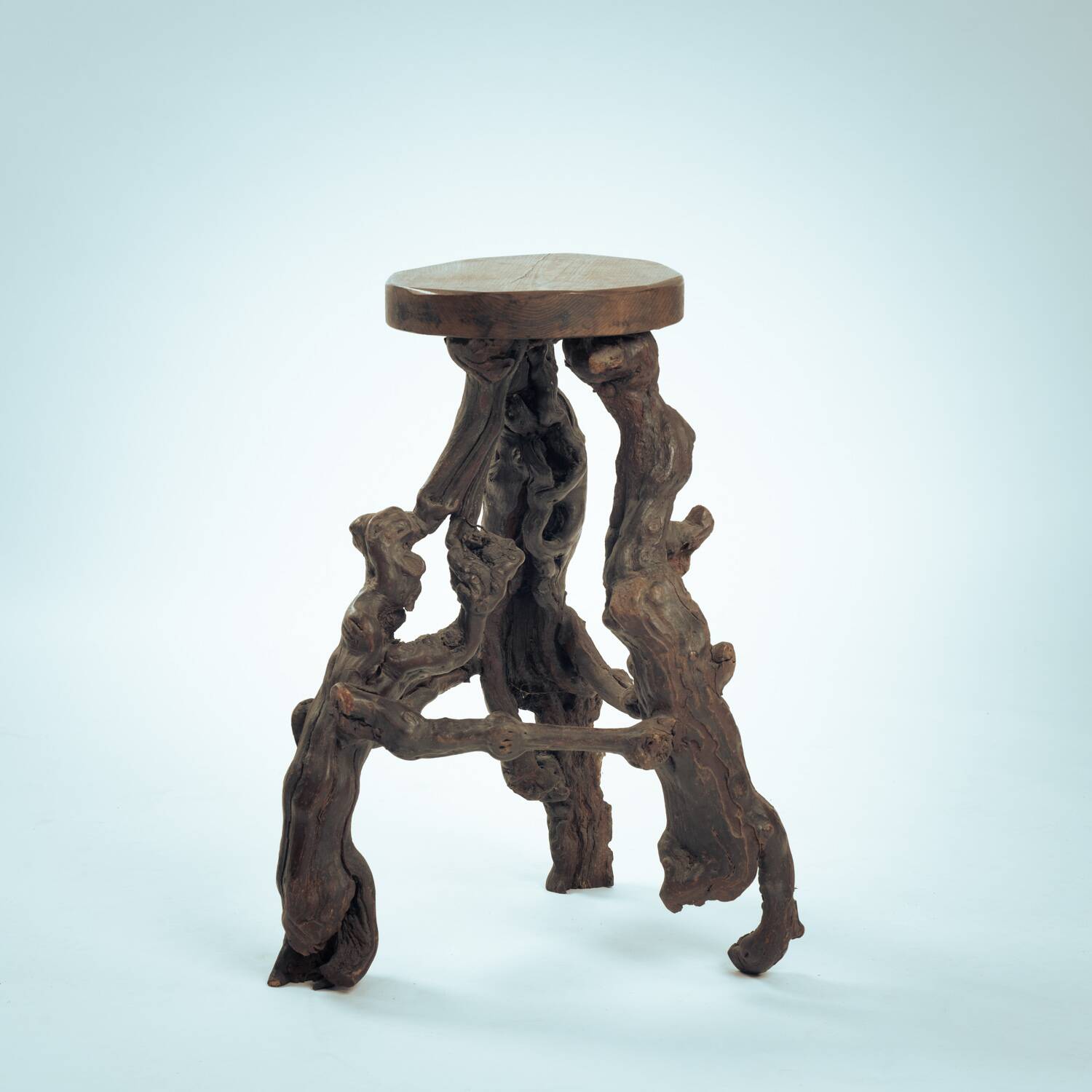 4 Tripod Bar Stools in Vine Wood and Oak, Handmade, France, 1950s