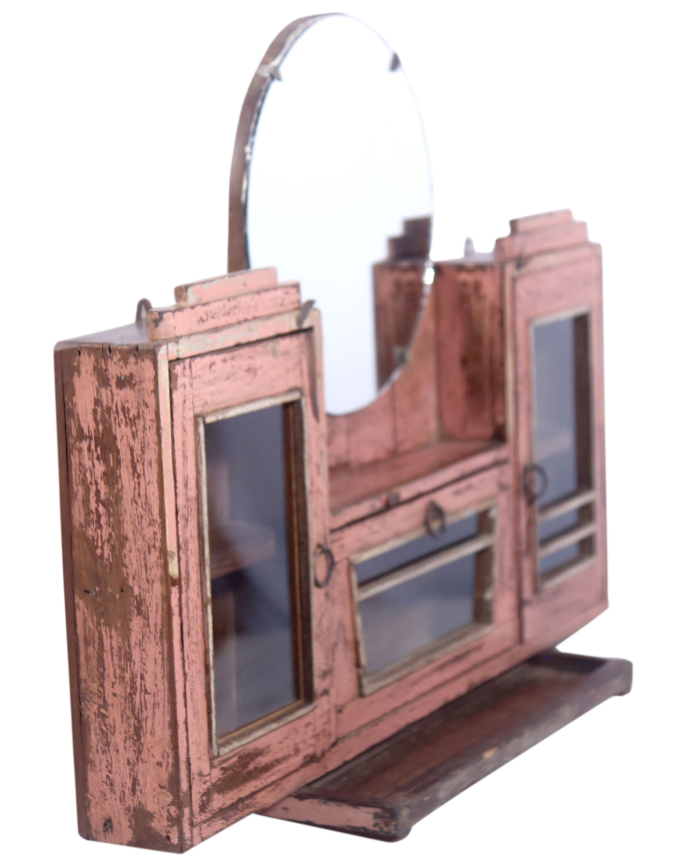 Tryptic wall shelf in ancient Burmese teak with round mirror