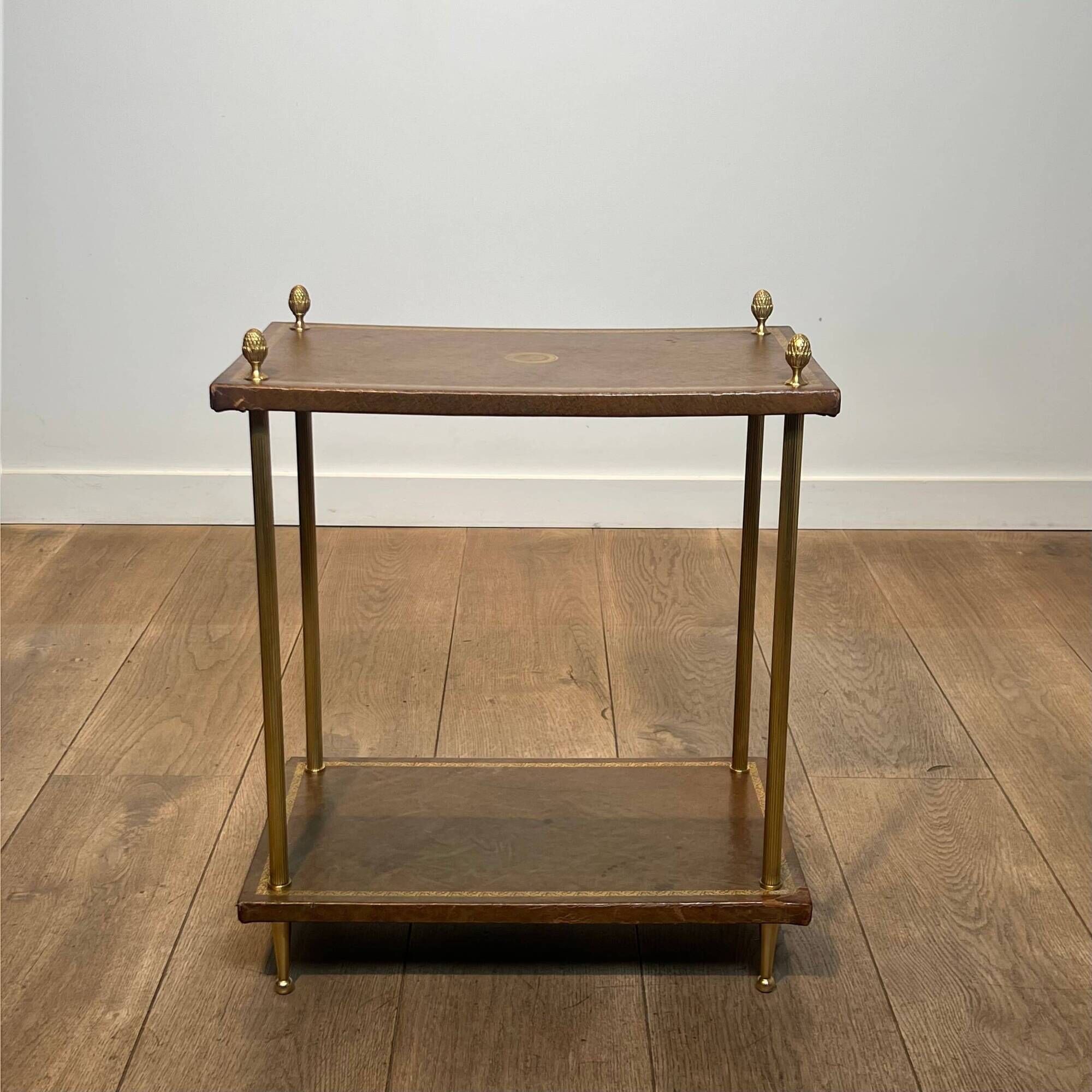 Double Tray Leather Sofa Table in Golden Tawny with Small Iron Details. Brass