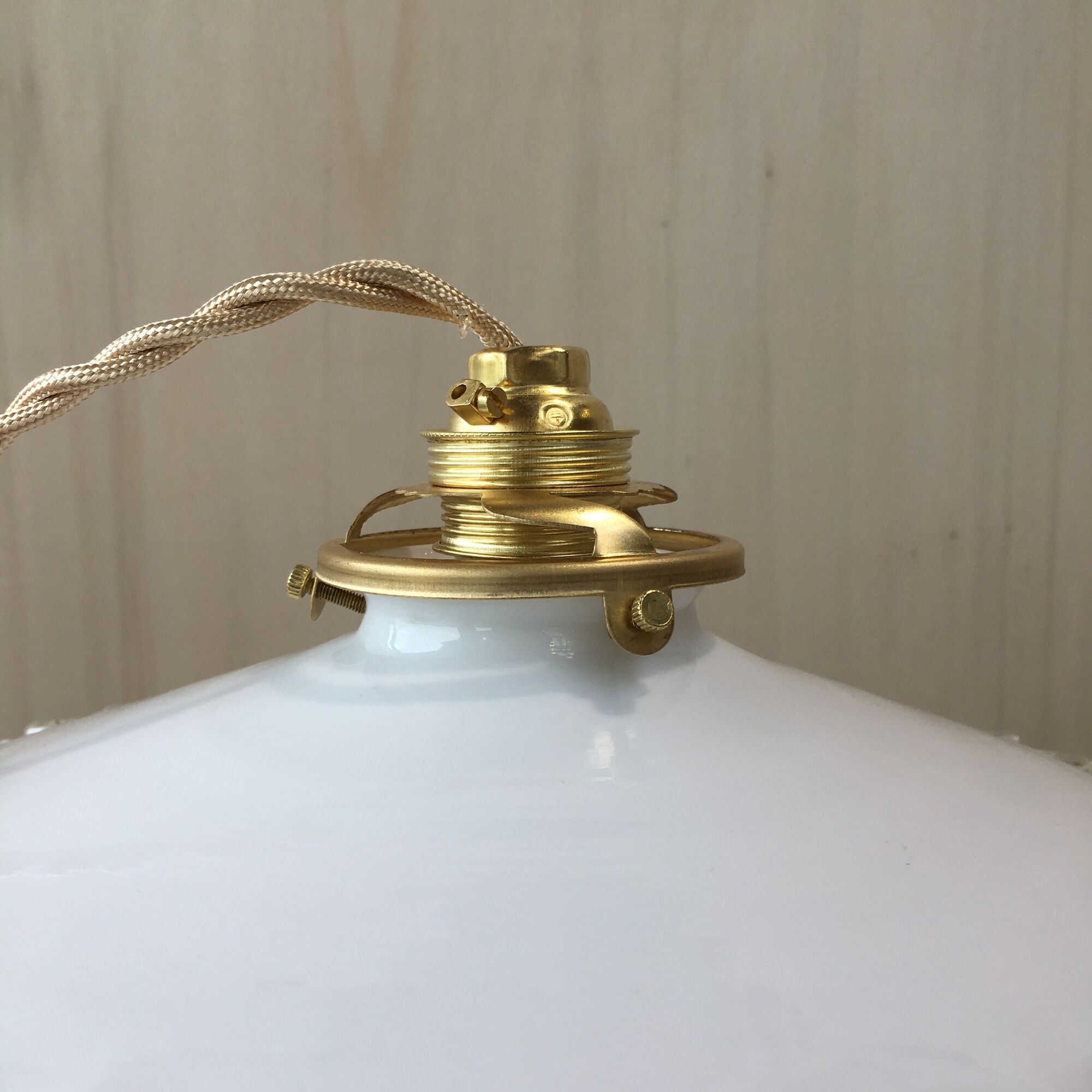 Pair of vintage white opaline pendant lamps and transparent serrated edges