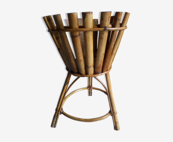 Porte-plante bambou et rotin tripode des années 50
