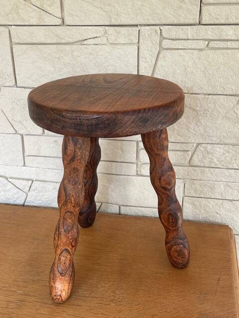 Tripod stool, pearl foot, solid wood, vintage