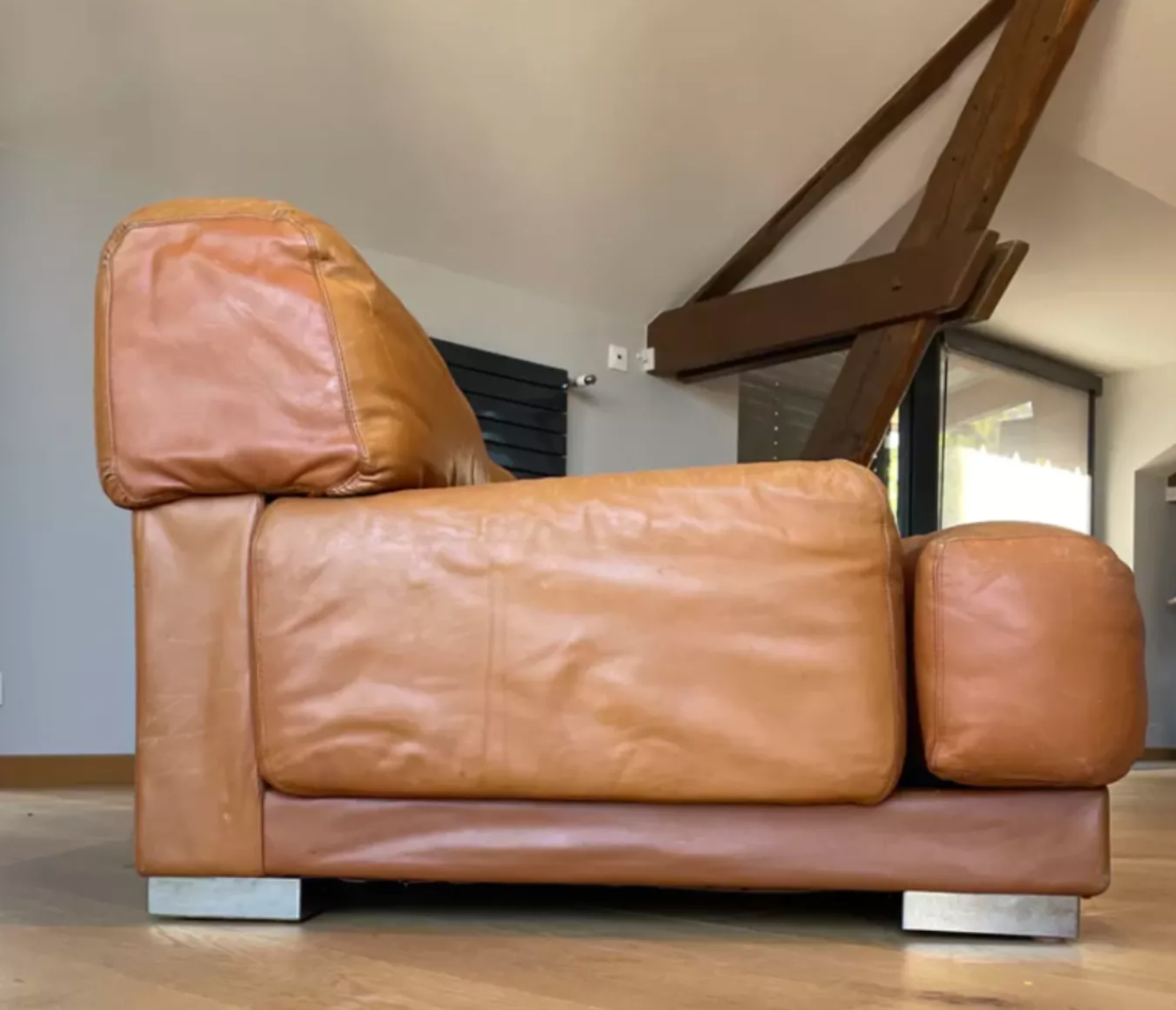 Vintage 3-seater sofa Gérard Guermonprez fawn and stainless steel leather, France 1970