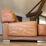 Vintage 3-seater sofa Gérard Guermonprez fawn and stainless steel leather, France 1970