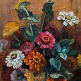 Oil on panel by Picquet still life bouquet of flowers 20th century