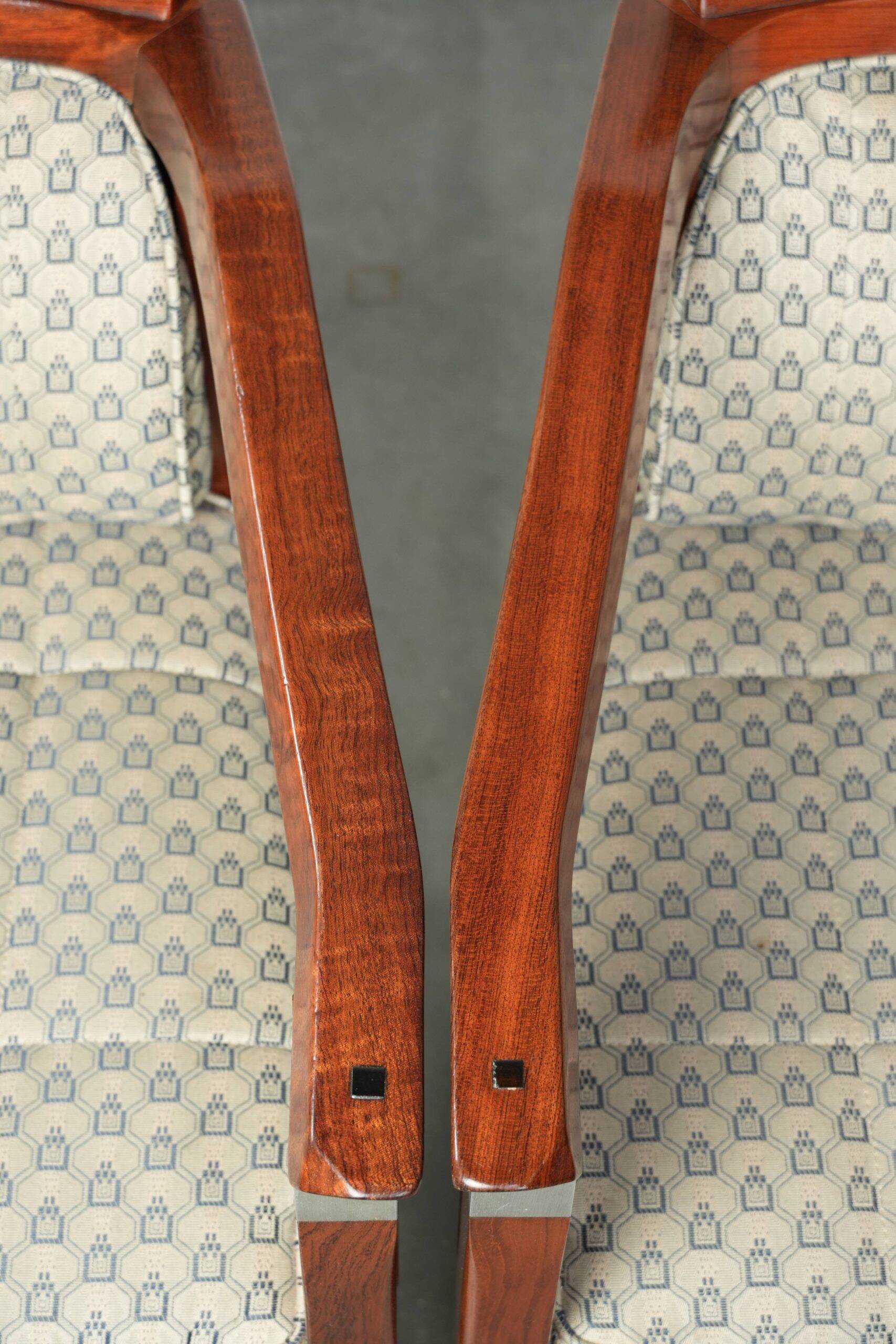 In very good condition Art Deco design dining chairs with fabric upholstery