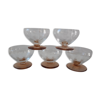 Lot de 5 coupes à champagne avec pieds en verre ambré années 50-60