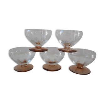 Set of 5 champagne glasses with amber glass feet 50-60s