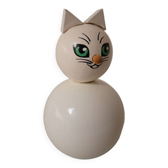 Wooden piggy bank, white cat