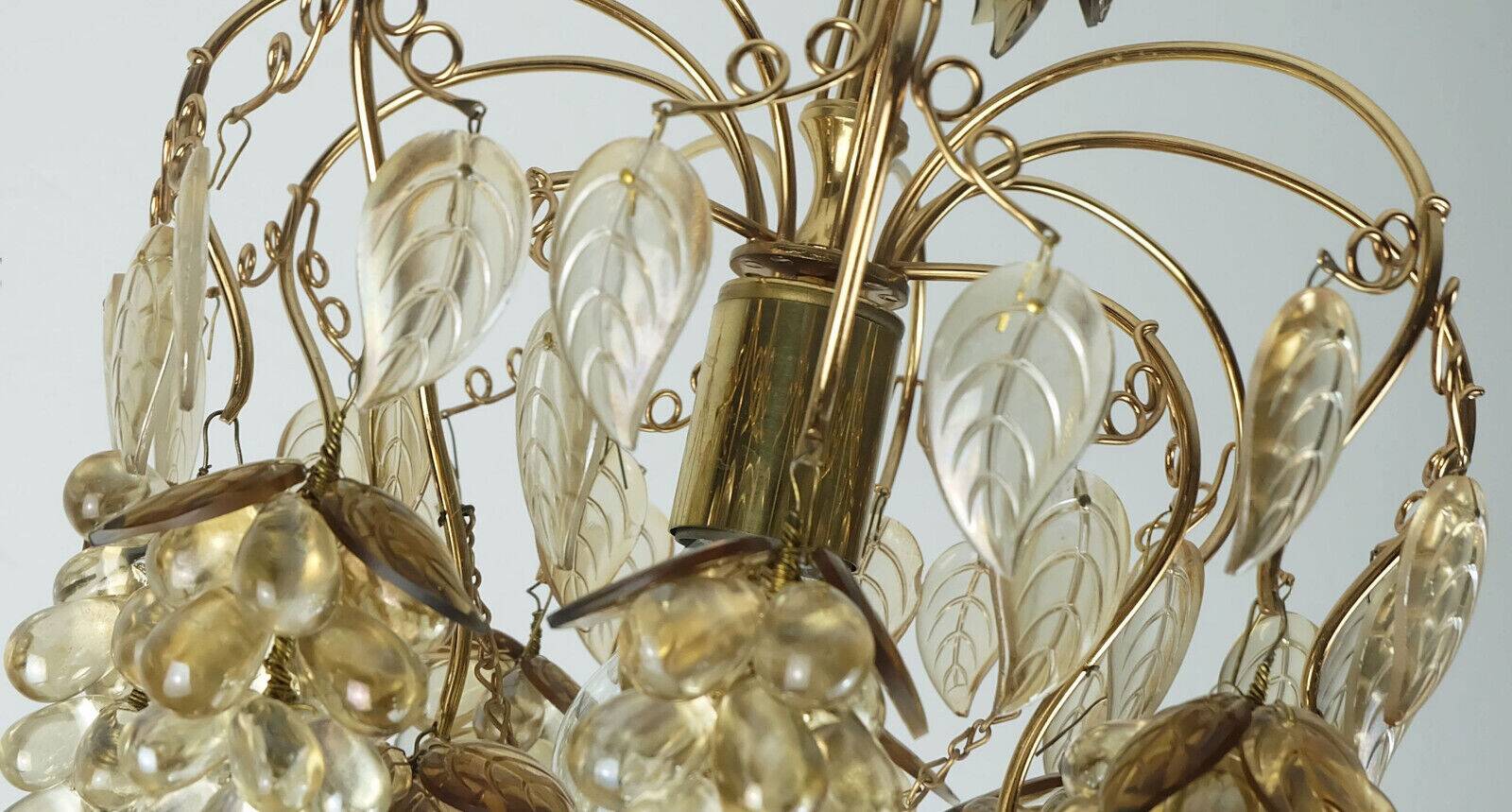 Very rare palwa mid century chandelier 1970s crystal glass and gilt brass grapes and leaves