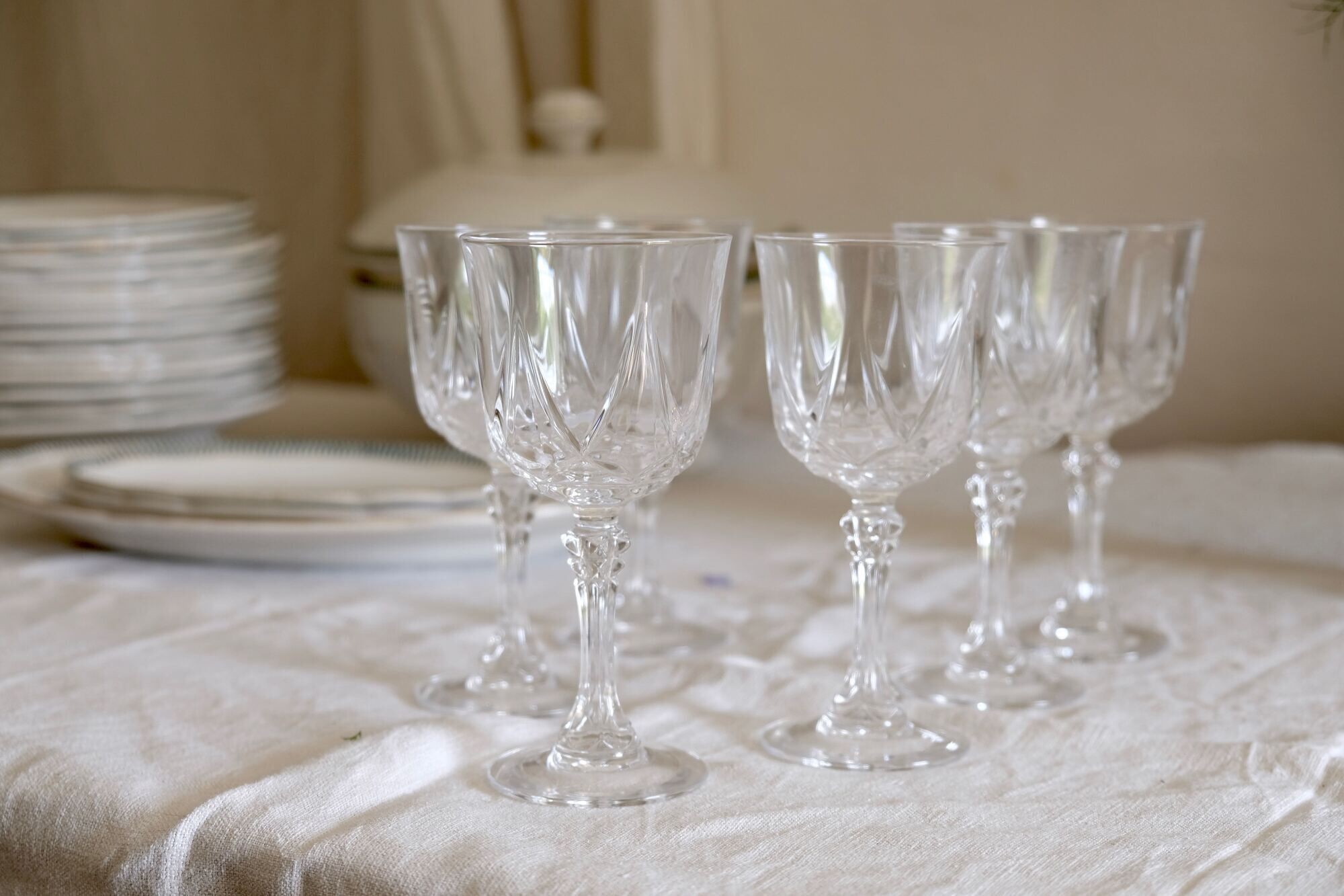 Set of 6 mid-century French crystal wine glasses