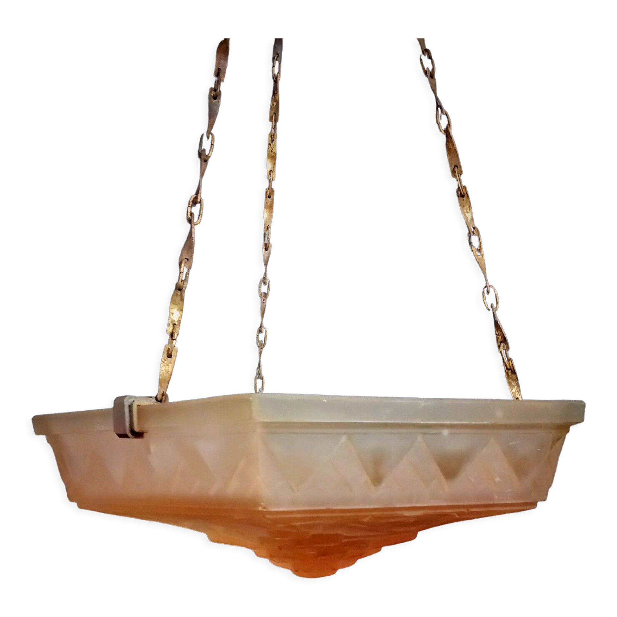 Art Deco pendant lamp in pink frosted glass signed Muller Frêres Luneville