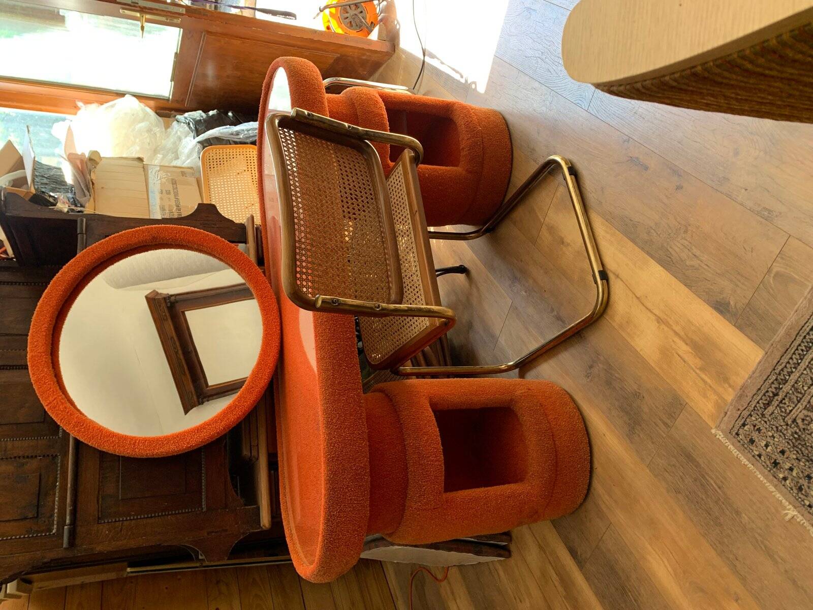 Vintage brown fabric dressing table with mirror and Bauhaus brass chairs — set of 3
