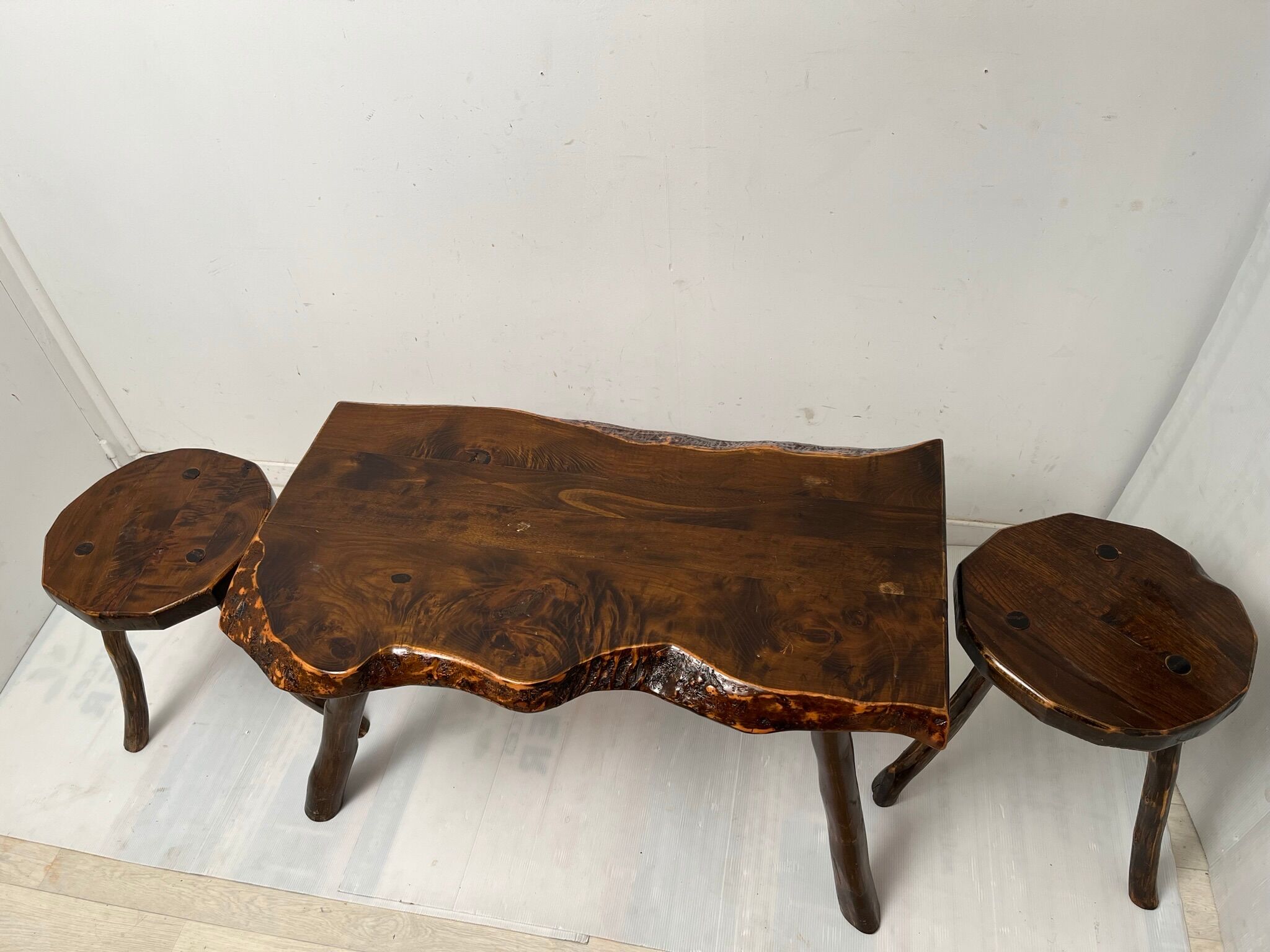 Brutalist vintage coffee table and 2 stools