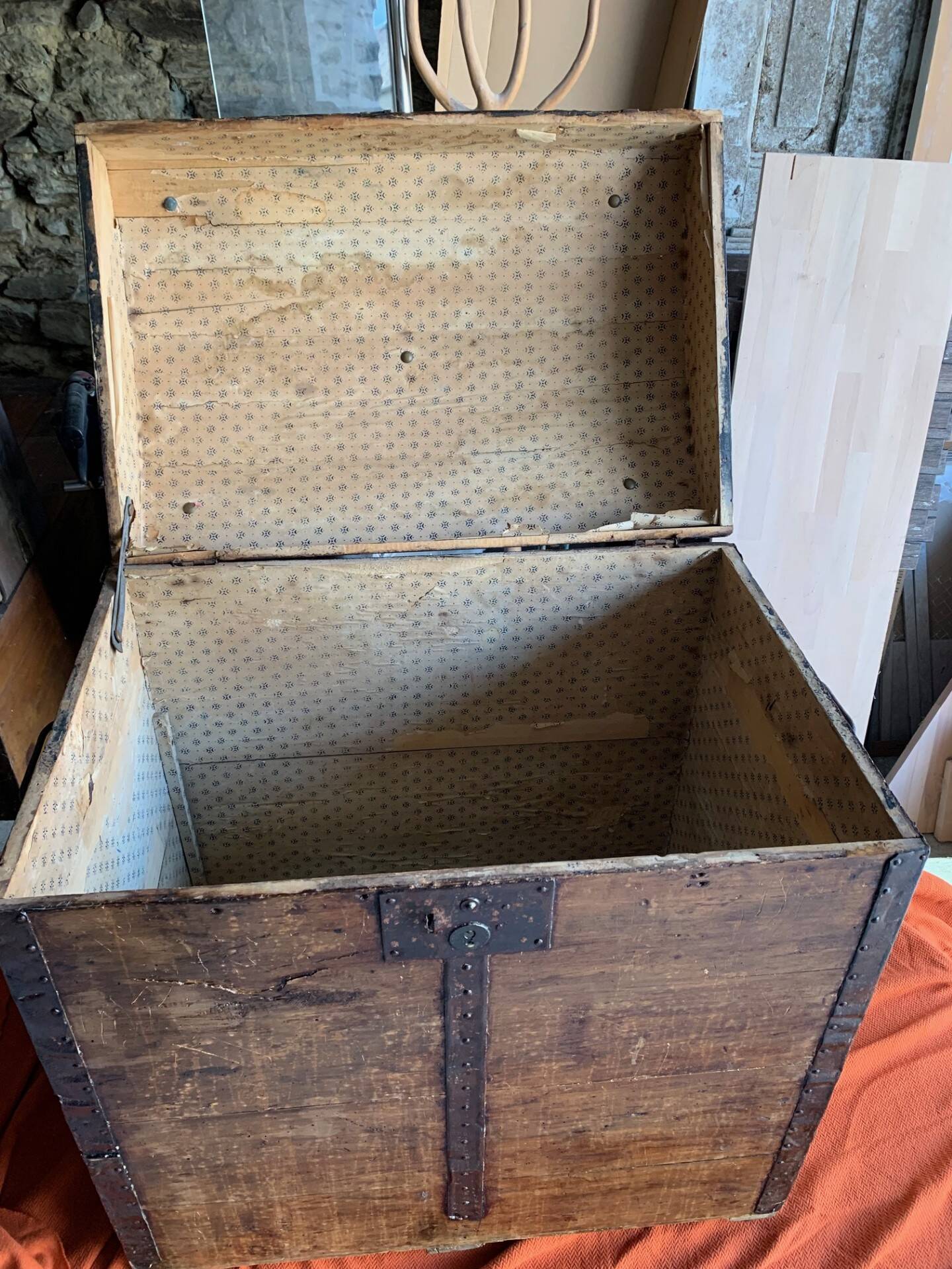 Antique wooden travel trunk, 20th century