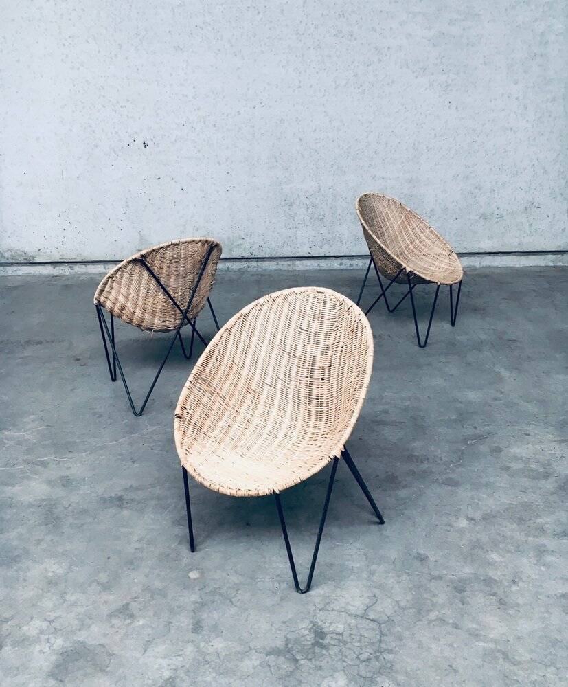 Mid-Century Modern Design Egg Basket Wicker Chairs, Italy, 1950s, Set of 3