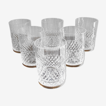 Suite of 6 large crystal and brass whiskey glasses