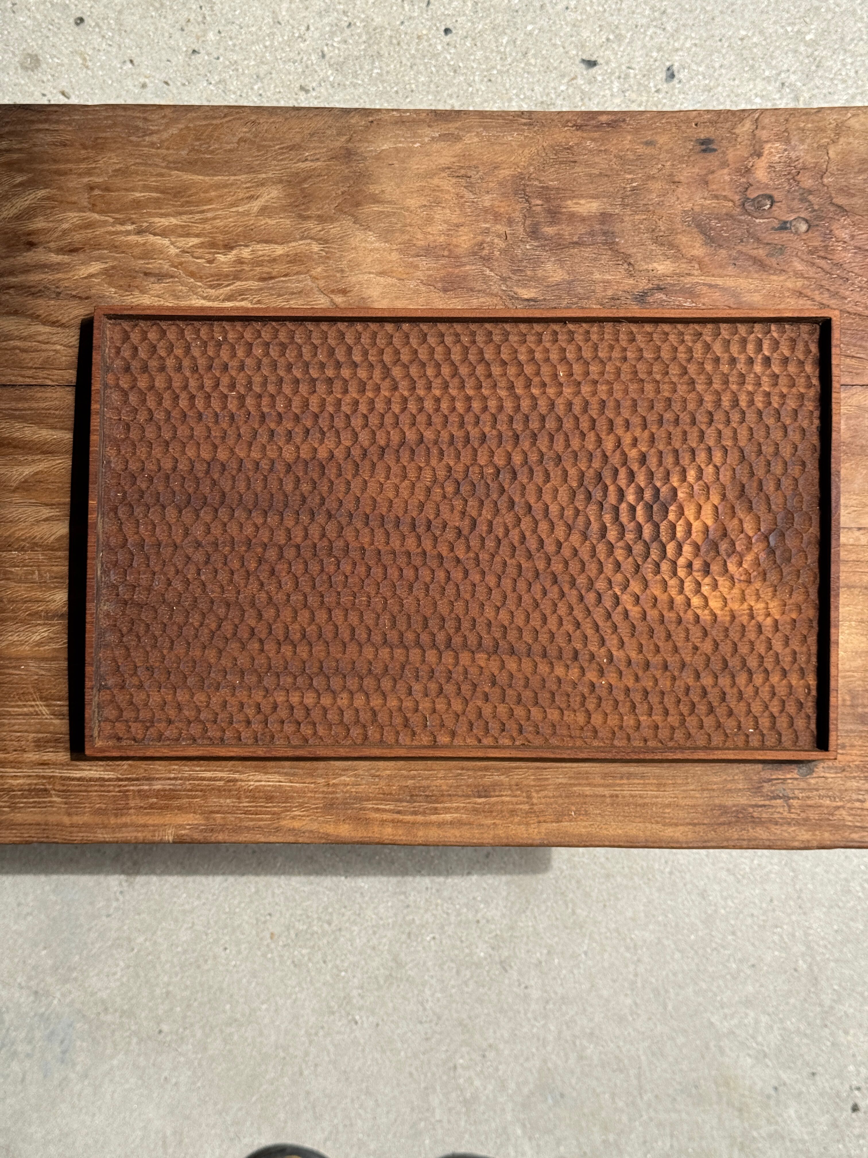 Rectangular solid teak tray with carved edges 40x25
