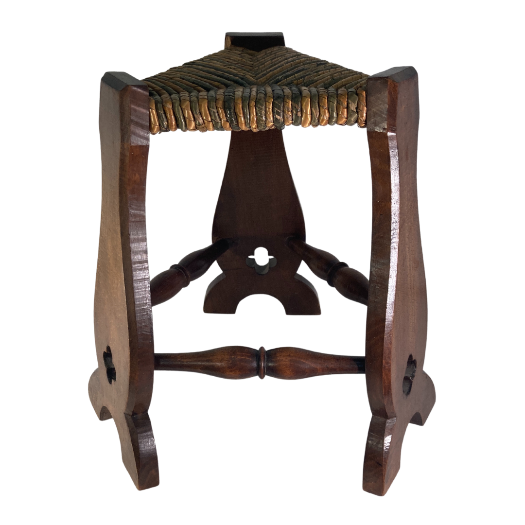 Pair of brutalist neo gothic rush oak tripod stools, France ca 1960s