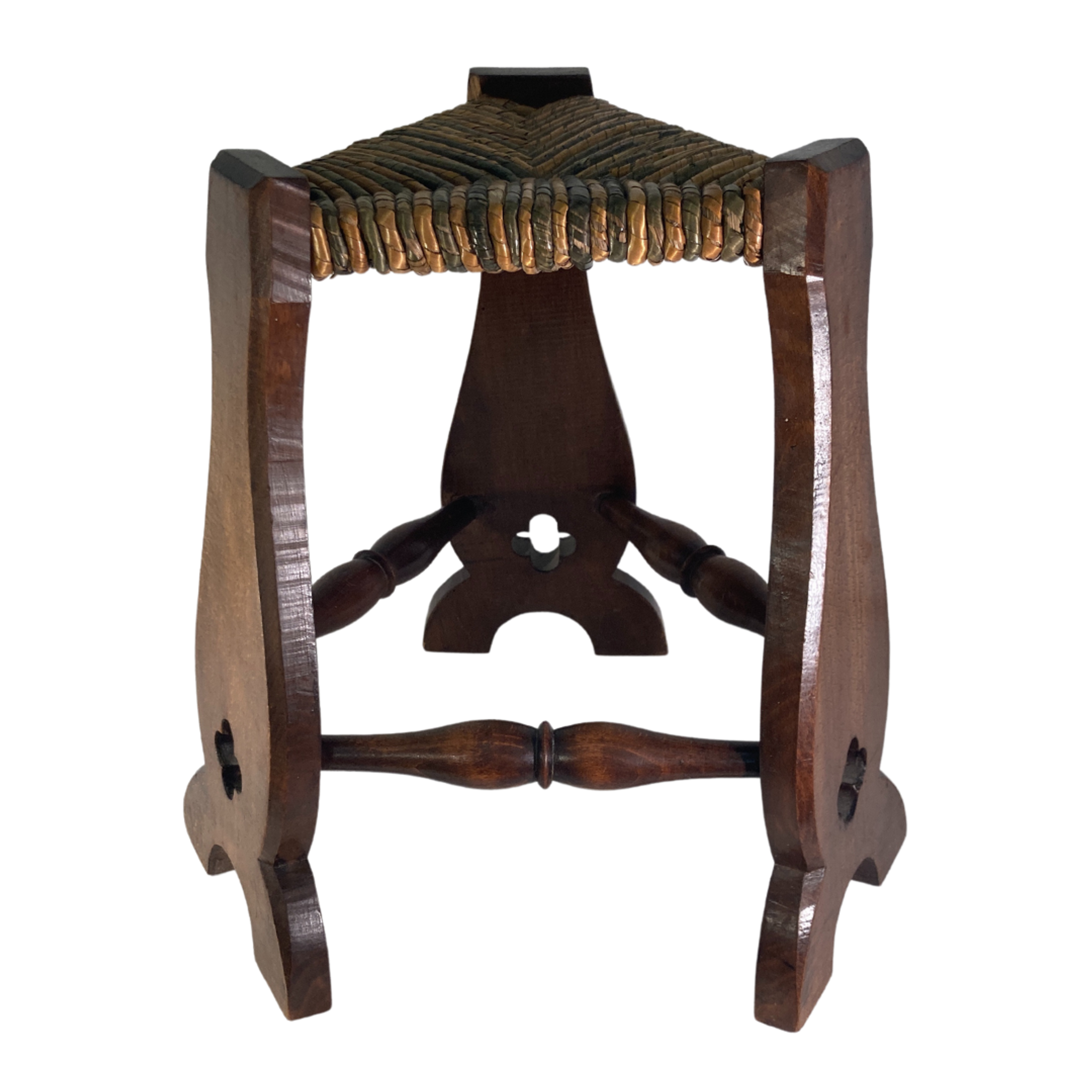 Pair of brutalist neo gothic rush oak tripod stools, France ca 1960s