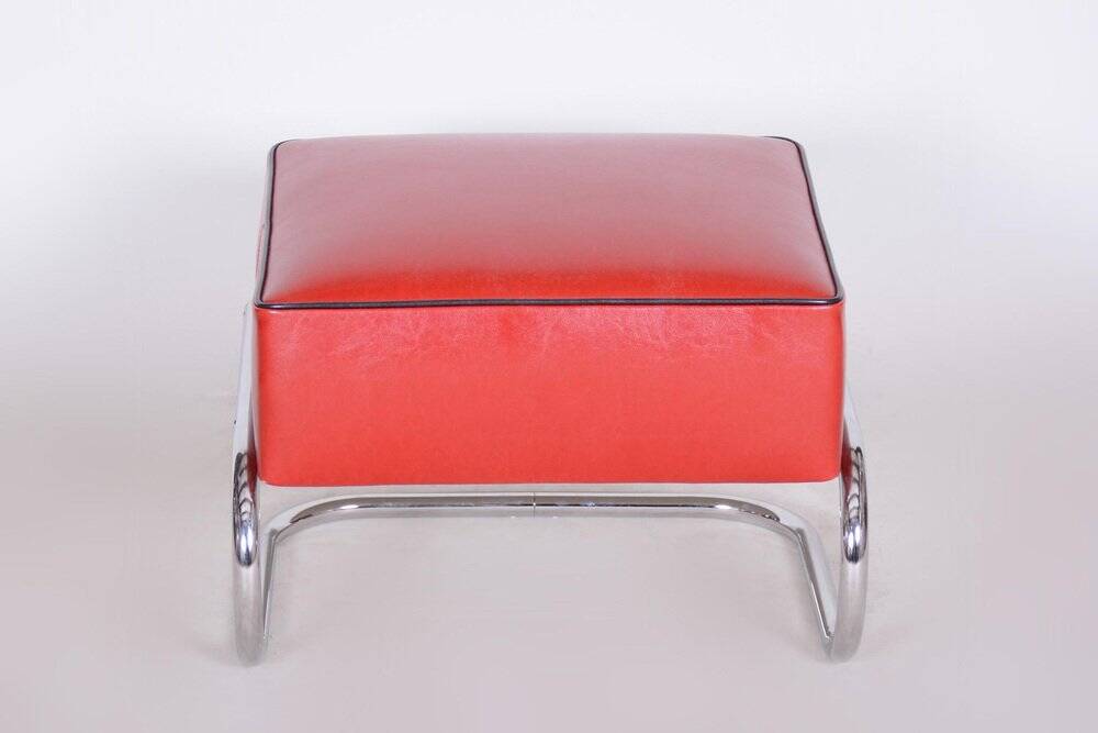 Modern Tubular Stool in Red Leather and Chrome-Plated Steel from Slezák, 1930s