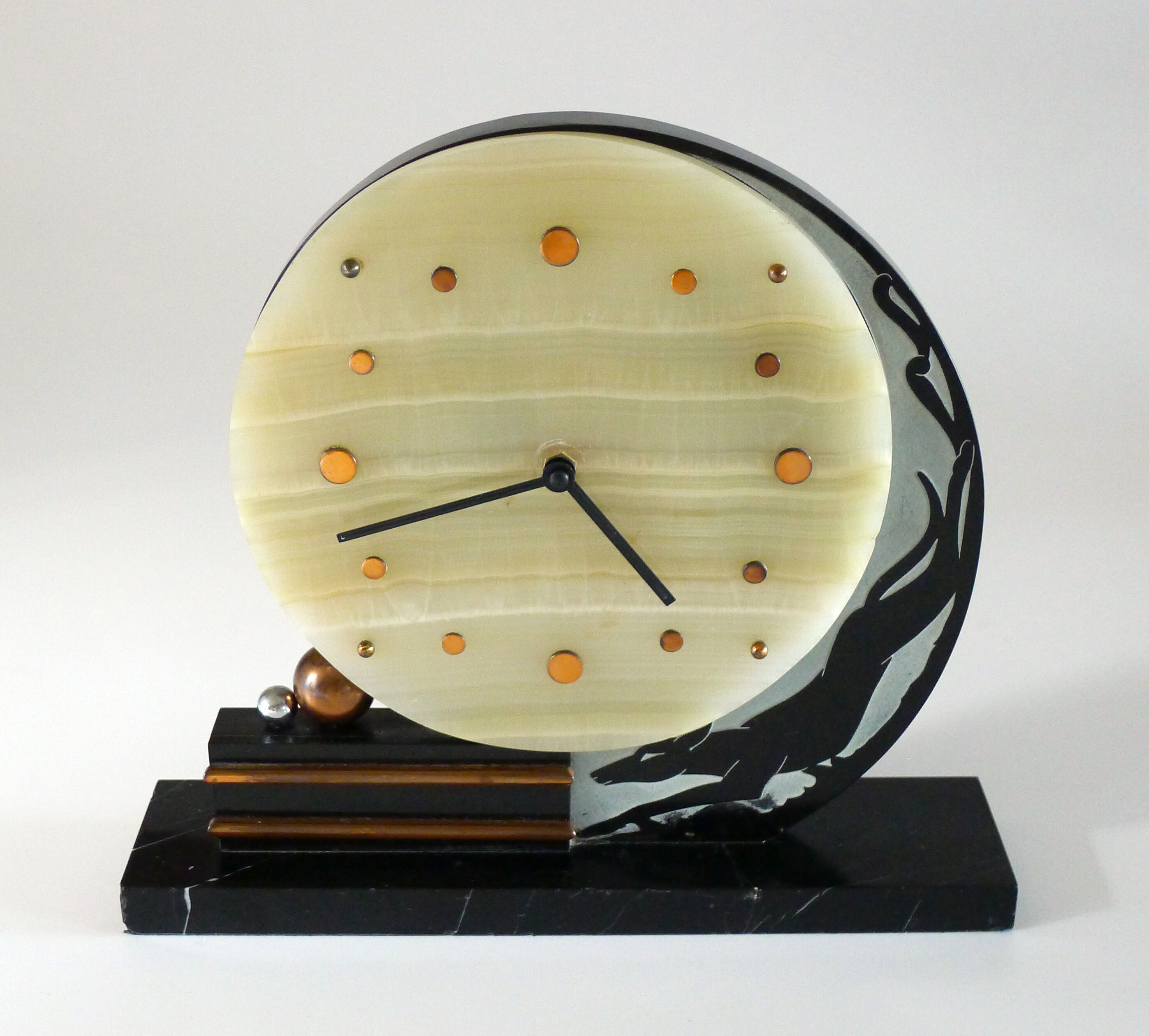 Art deco clock greyhound, marble and copper