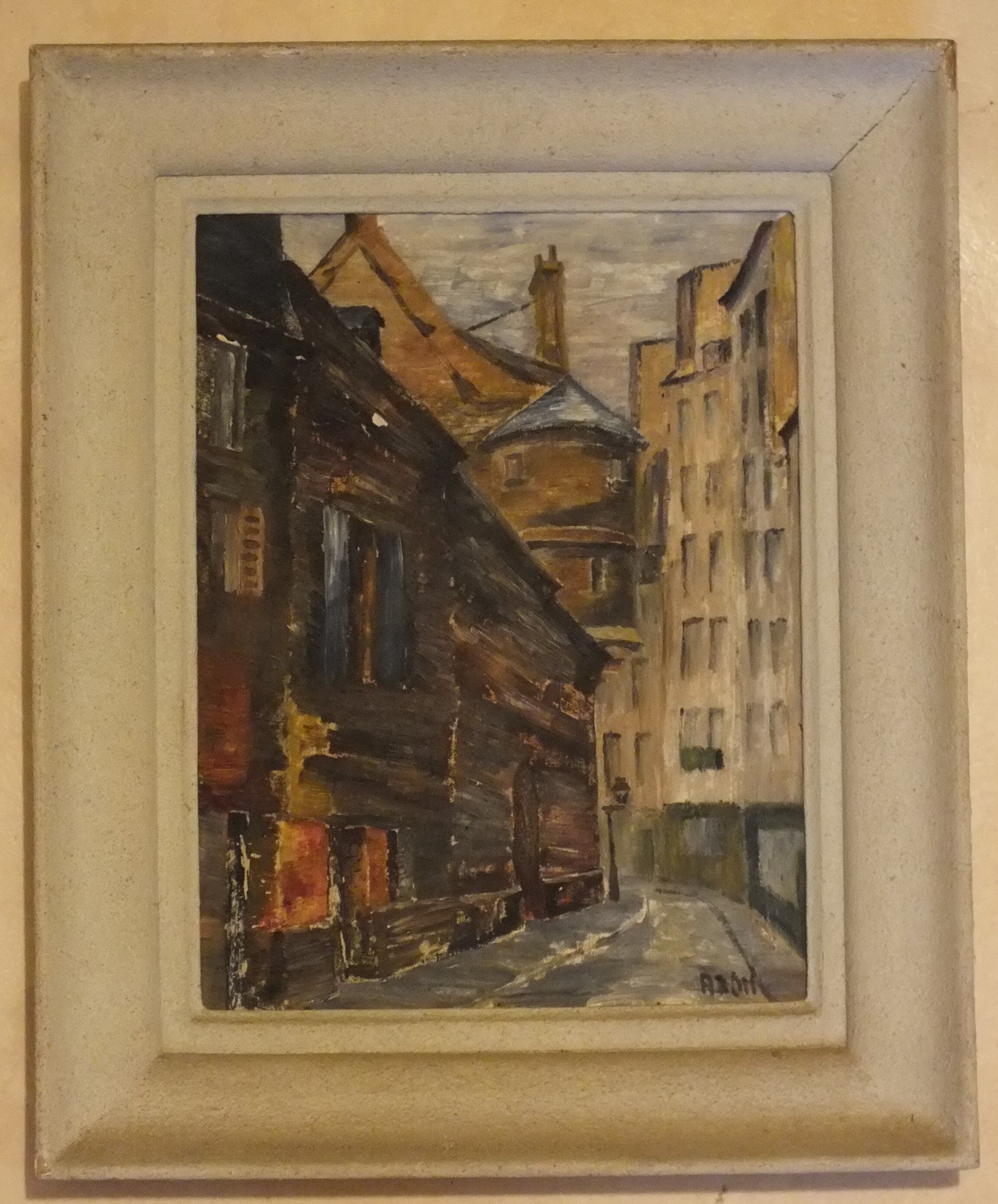 Painting on cardboard alley in Paris or Rouen