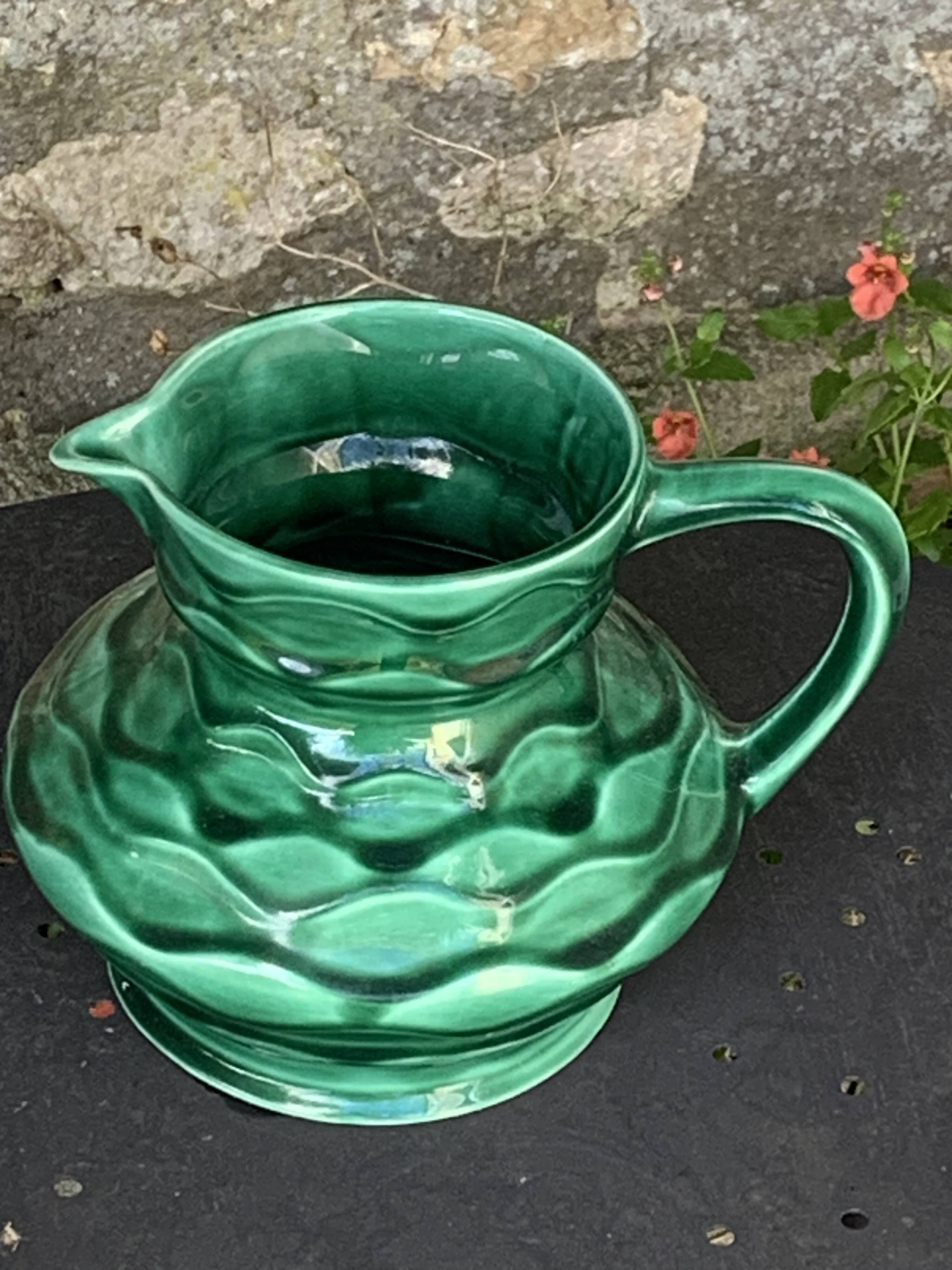 Carafe, pitcher in enamelled ceramic, slip, green, numbered 6183, vintage