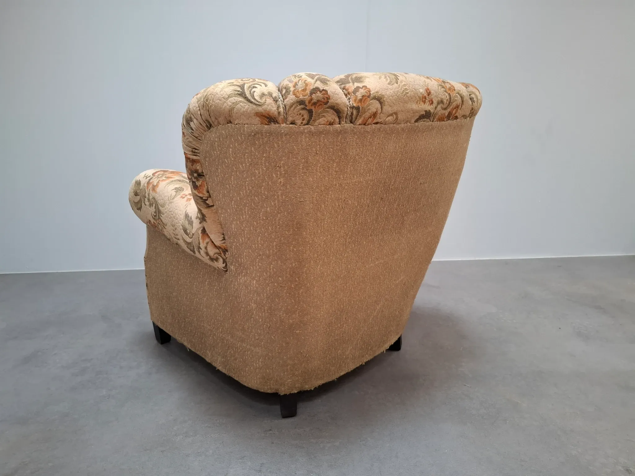 1930s Czech Art Deco Floral Upholstered Wingback Armchair